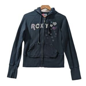 Y2K Roxy Zip Hoodie Navy Hearts Logo Fitted Sweatshirt Women's Medium